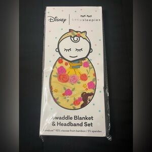 Little Sleepies Disney- Princess Belle Swaddle & Bow Set NWT
